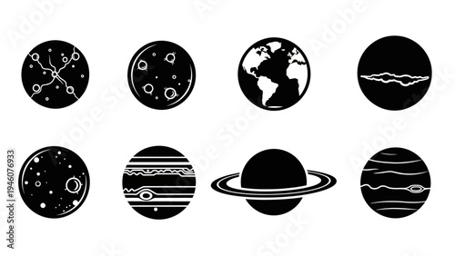 Collection of stylized black and white planet icons and celestial bodies for astronomical