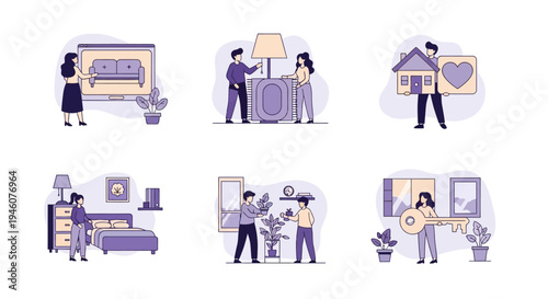 Six vignettes illustrating home furnishing moving and key acquisition concepts