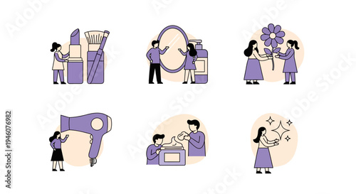 Six vignettes of people interacting with beauty grooming and care items