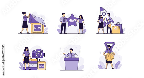 Six vignettes illustrating product launch promotion media speaking and success