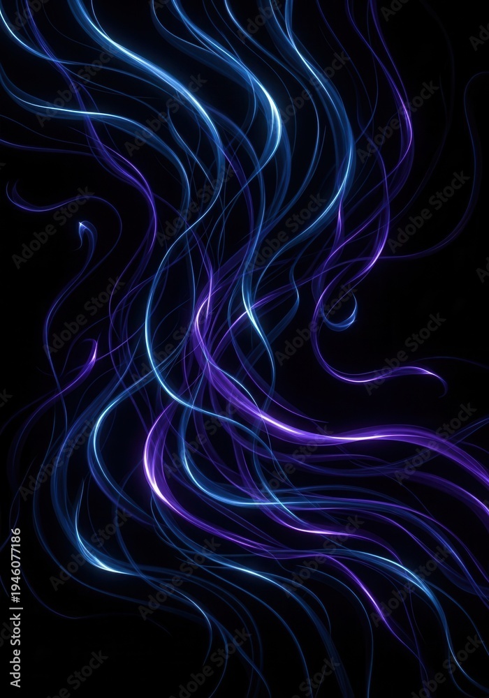 Fototapeta premium Glowing blue and purple luminous strands flow dynamically against a dark background