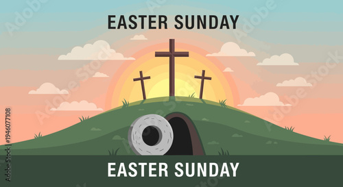 Easter Sunday Sunrise with Three Crosses and Empty Tomb