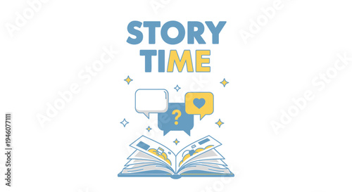 Vector illustration of an open book with speech bubbles, Story Time