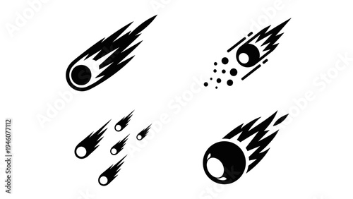 Collection of stylized meteor icons representing celestial events and cosmic phenomena in black