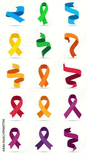 Diverse Collection of Colorful Awareness Ribbons Symbolizing Various Causes and Support