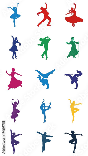 Diverse collection of colorful dancing figures in various poses and styles