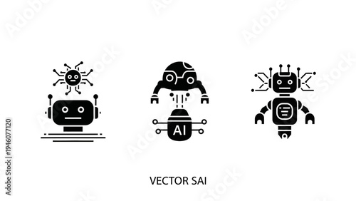 Collection of stylized robot icons representing artificial intelligence and technology concepts