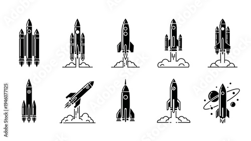 Collection of stylized rocket ship icons illustrating space exploration and launch sequences