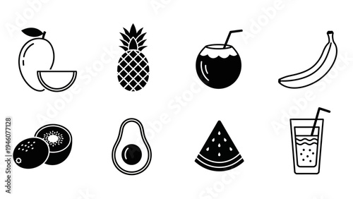 Collection of stylized vector icons depicting various fresh fruits and beverages for healthy