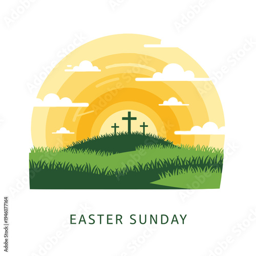 Easter Sunday Sunrise with Three Crosses on Hilltop