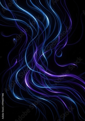 Glowing blue and purple luminous strands flow dynamically against a dark background