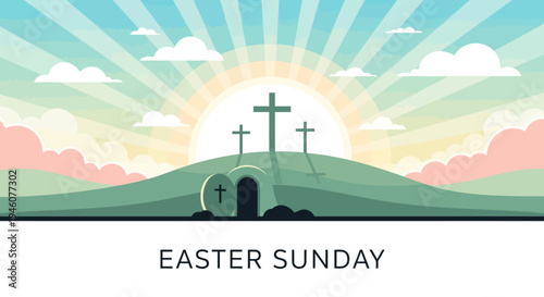 Easter Sunday Resurrection Scene with Three Crosses and Empty Tomb at Sunrise