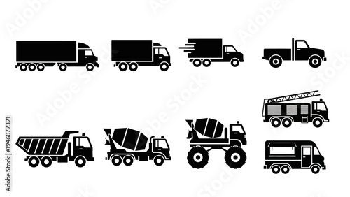 Collection of various truck and vehicle icons for industrial and transport themes