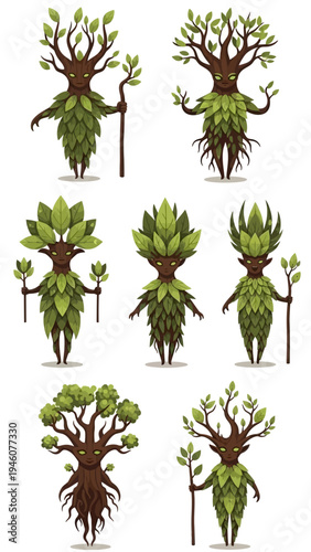 Enchanting collection of whimsical tree spirit characters in various poses and expressions with