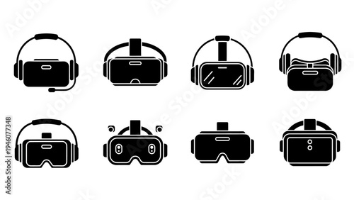 Collection of virtual reality headset icons in silhouette for technology and gaming applications