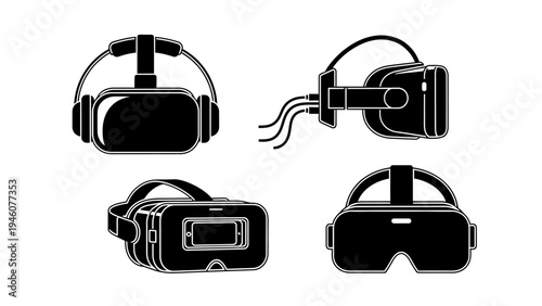 Collection of virtual reality headsets in silhouette on a white background