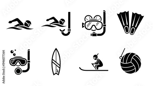 Collection of water sports and outdoor activity icons representing summer recreation and hobbies