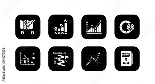 Collection of modern business and finance icons showcasing charts and graphs for analytics