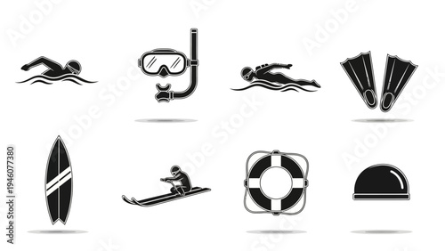 Collection of water sports and swimming icons and symbols for aquatic activities