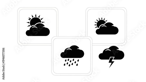 Collection of weather icons representing sun, rain, and lightning on a white background