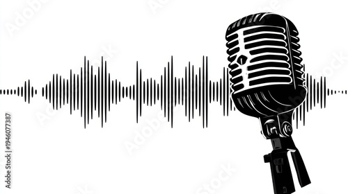 Vintage microphone icon with audio wave, black and white illustration on white background