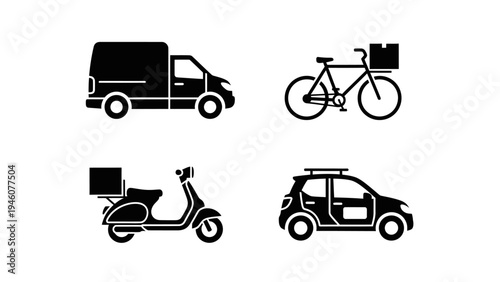 Delivery vehicle icons set showing a van bicycle scooter and car