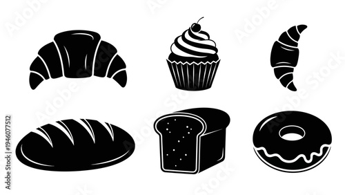 Diverse baked goods including bread croissants cupcake and donut icons isolated on white background