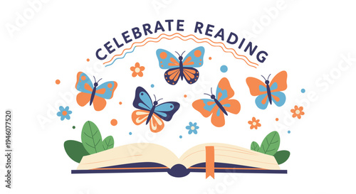 Vector illustration of book with butterflies and text Celebrate Reading
