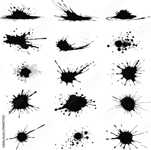 Black ink splashes and blots grunge vector art set