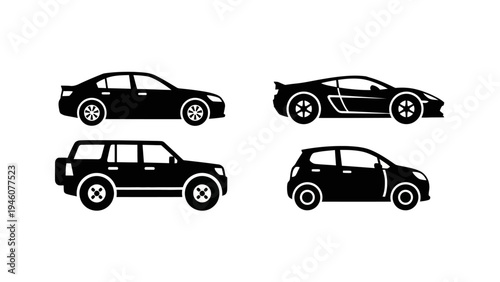 Diverse collection of black car silhouettes representing different vehicle types on a white