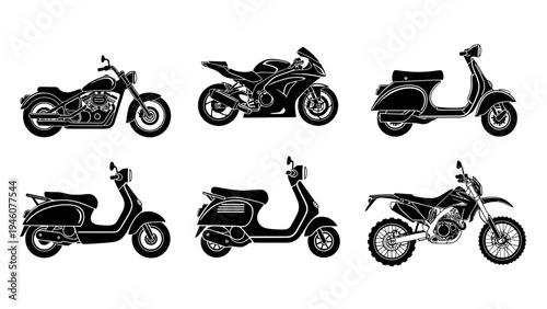 Diverse Collection of Motorcycle and Scooter Silhouettes on White Background