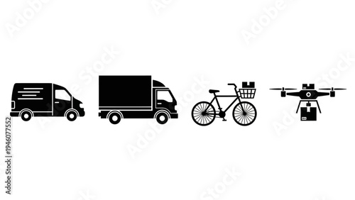 Diverse delivery methods illustrated with vans trucks bicycles and drones in black and white