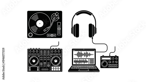 Dj equipment collection illustration featuring turntable mixer headphones laptop and sound device