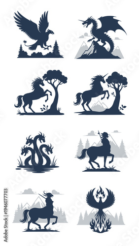 Mythical Creatures Silhouettes Collection Diverse Fantasy Beasts Art