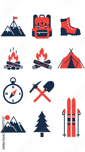 Outdoor Adventure and Camping Icons representing mountains, backpacks, boots, fire, tents,