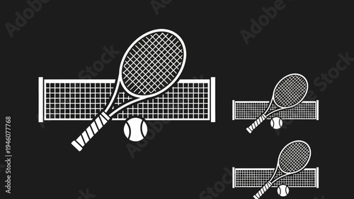Minimalist Tennis Court Net Racquet and Ball Icons on Dark Background