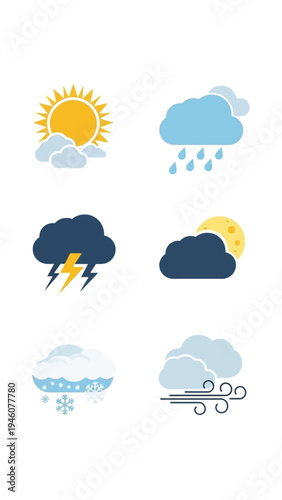 Set of six flat weather icons representing sunny, rainy, stormy, cloudy, snowy and windy conditions