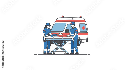 Paramedics transporting a patient on a stretcher next to an ambulance