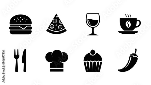 Set of Eight Stylized Black Icons Representing Food and Drinks on a White Background