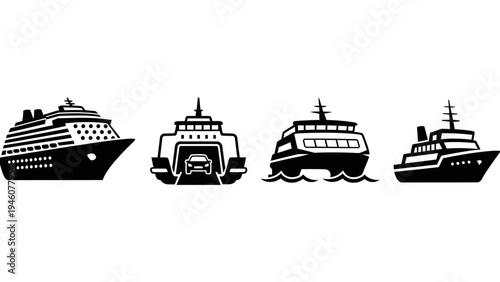 Set of minimalist black and white ferry and cruise ship icons for transportation and travel