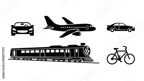 Set of Silhouettes of Various Modes of Transportation Including Cars Train Airplane and Bicycle