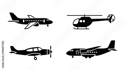 Set of simple black silhouettes of four different types of aircraft for design and illustration
