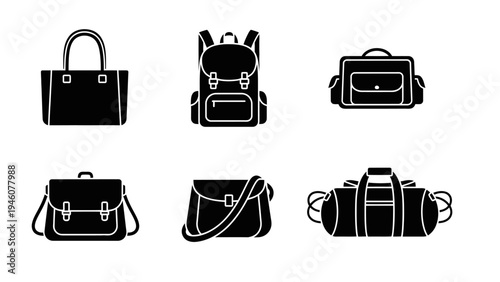 Set of six diverse black silhouette bag icons for travel and everyday use on white background