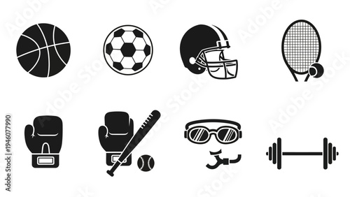 Set of Sports Equipment Icons for Various Athletic Activities Minimalist Design