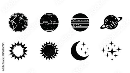Set of simple celestial body icons including planets sun moon and stars