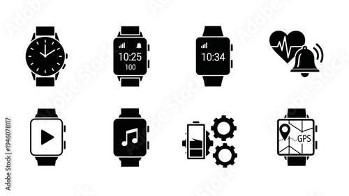 Smartwatch icons representing various features like time, health, music, and GPS navigation