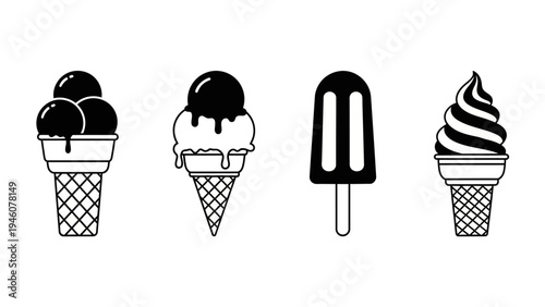 Stylized black and white icons of ice cream cones and popsicles for design