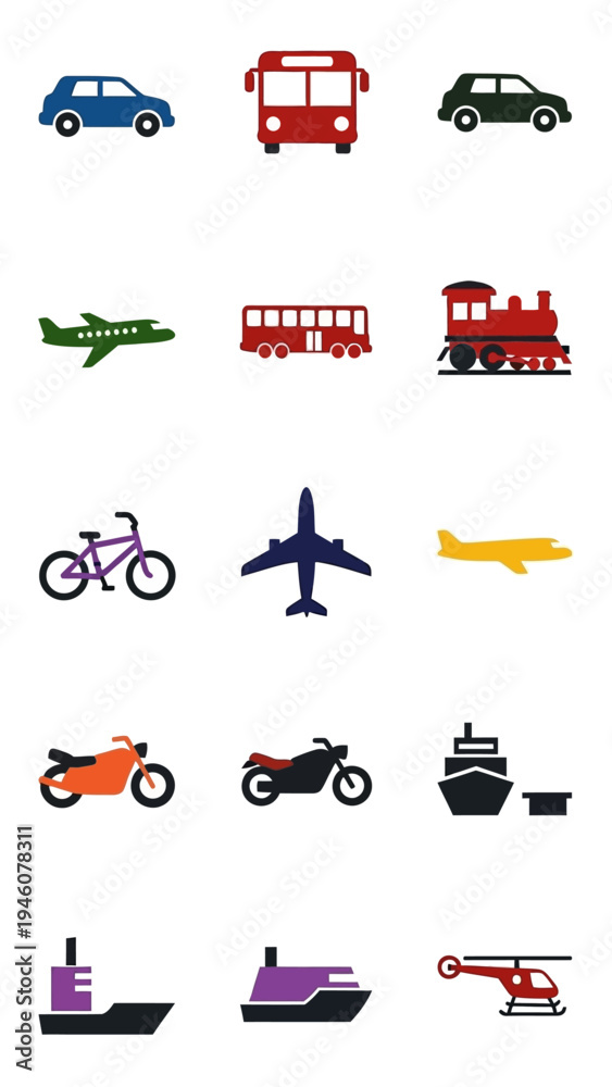 Naklejka premium A Collection of Colorful Transportation Icons Representing Various Modes of Travel