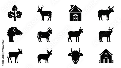 A collection of minimalist black and white vector icons representing farm animals and buildings