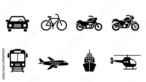 A collection of diverse transportation icons on a white background including cars motorcycles